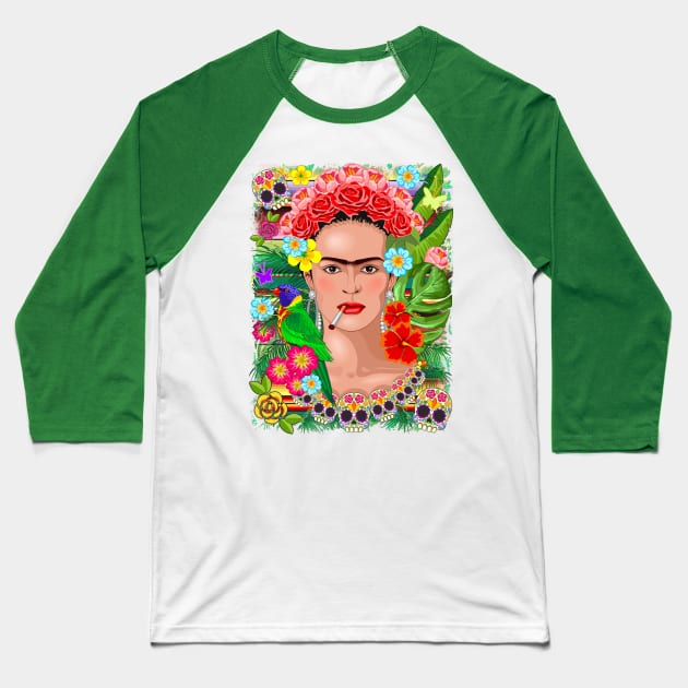 Frida Kahlo Floral Exotic Portrait Baseball T-Shirt by BluedarkArt